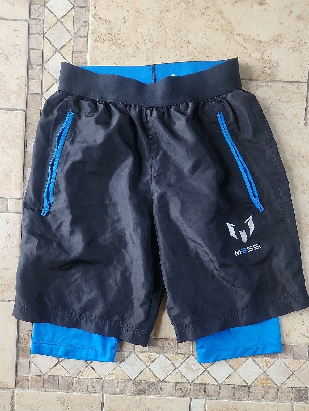 adidas Messi Soccer Black Shorts with Bright Blue Linera